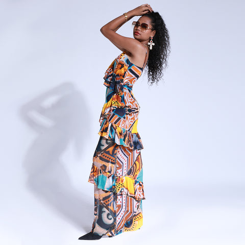 Maxi Dress with Ruffles - Moroccan Print