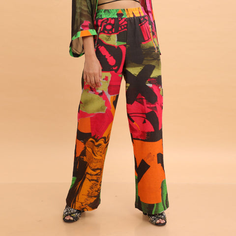 Pink Green Collage Pant - Abstract Print