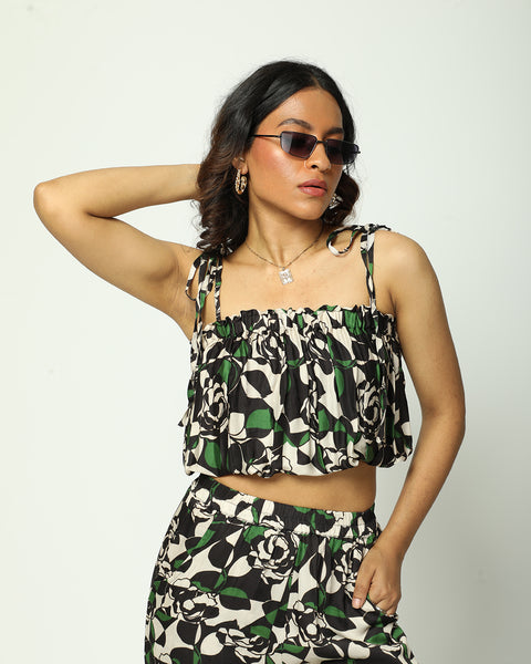 Green Rose Tie-Up Crop Top