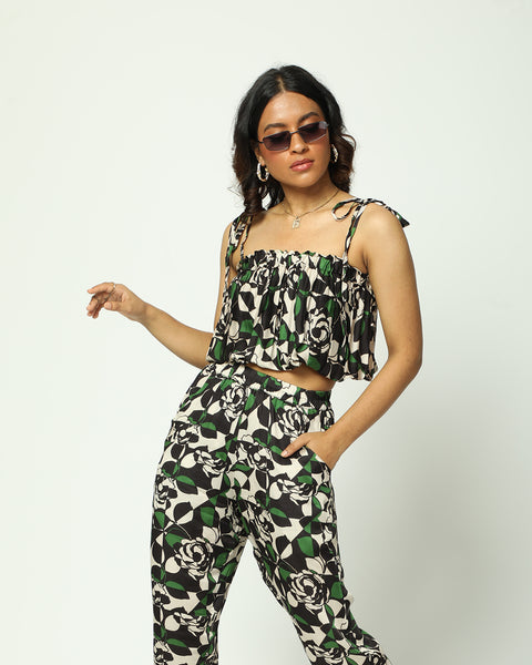 Green Rose Tie-Up Crop Top