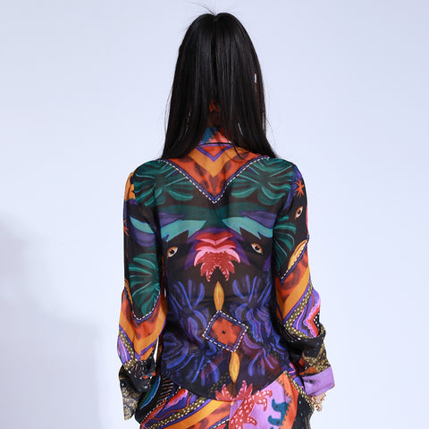 Ruched Shirt with Collar - Scarf Print