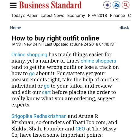 BUSINESS STANDARD - HOW TO BUY THE RIGHT OUTFIT ONLINE