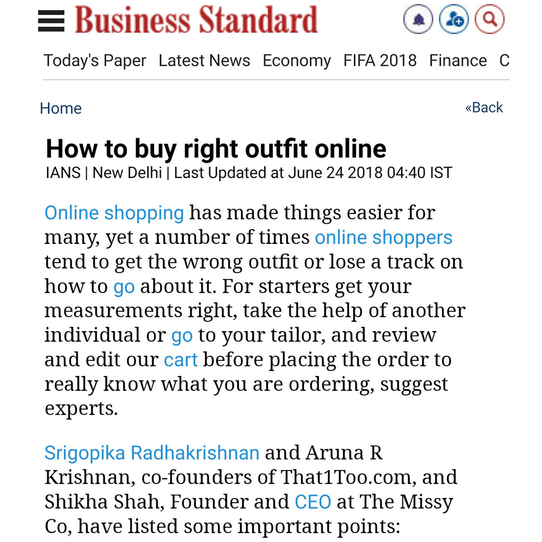 BUSINESS STANDARD - HOW TO BUY THE RIGHT OUTFIT ONLINE