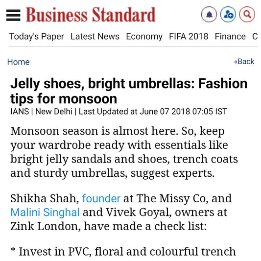 BUSINESS STANDARD - JELLY SHOES, BRIGHT UMBRELLAS: FASHION TIPS FOR MONSOON