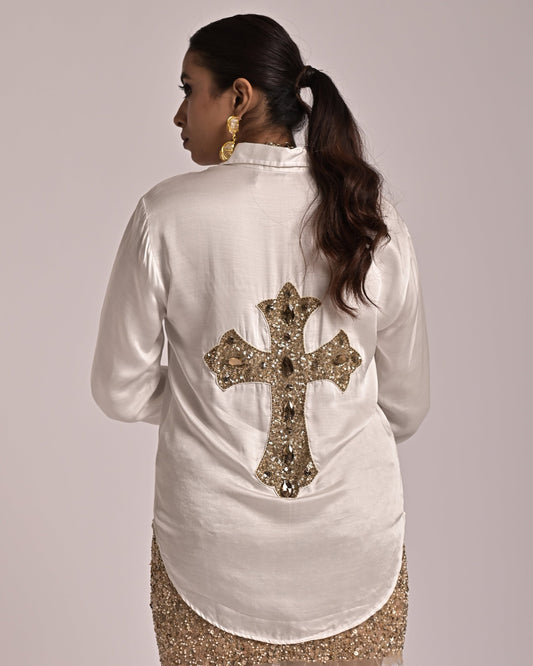 White Cross Embroidered Shirt