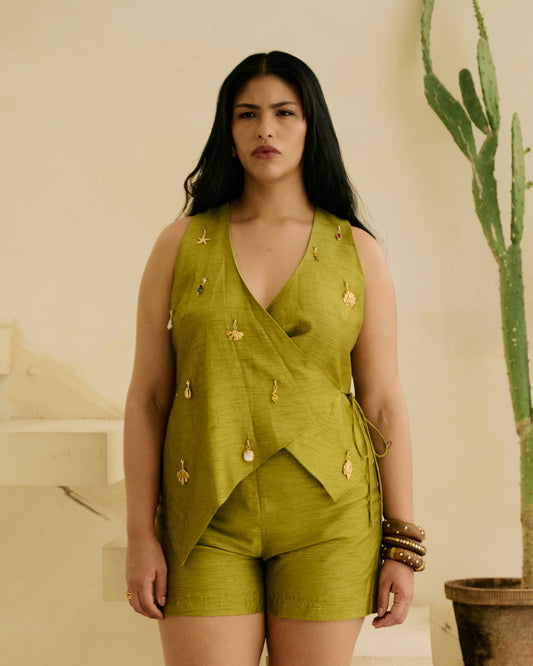 Green Charm Wrap Top