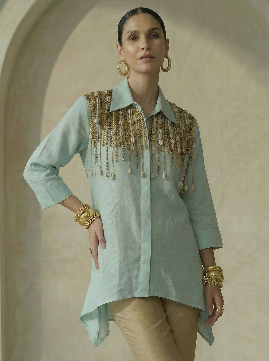 Keya Blue Embroidered Shirt