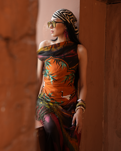 A woman wearing a vibrant orange and black printed dress with a bamboo motif, a black and white zebra-print headwrap, and sunglasses, posing against a rustic terracotta-colored wall.