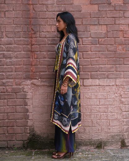 A woman stands in profile against a weathered red-brown brick wall, wearing a long printed kaftan-style tunic with wide sleeves, layered over dark pants and sandals.