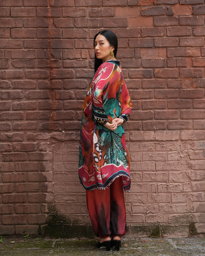 A woman stands in profile against a weathered red-brown brick wall, wearing a colorful printed traditional outfit with a long draped tunic, patterned skirt, and black heels.