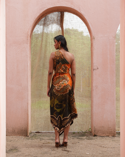 A woman stands with her back to the camera in front of a pink arched doorway, wearing a one-shoulder halter maxi dress with a bold orange, brown, and black paisley print.