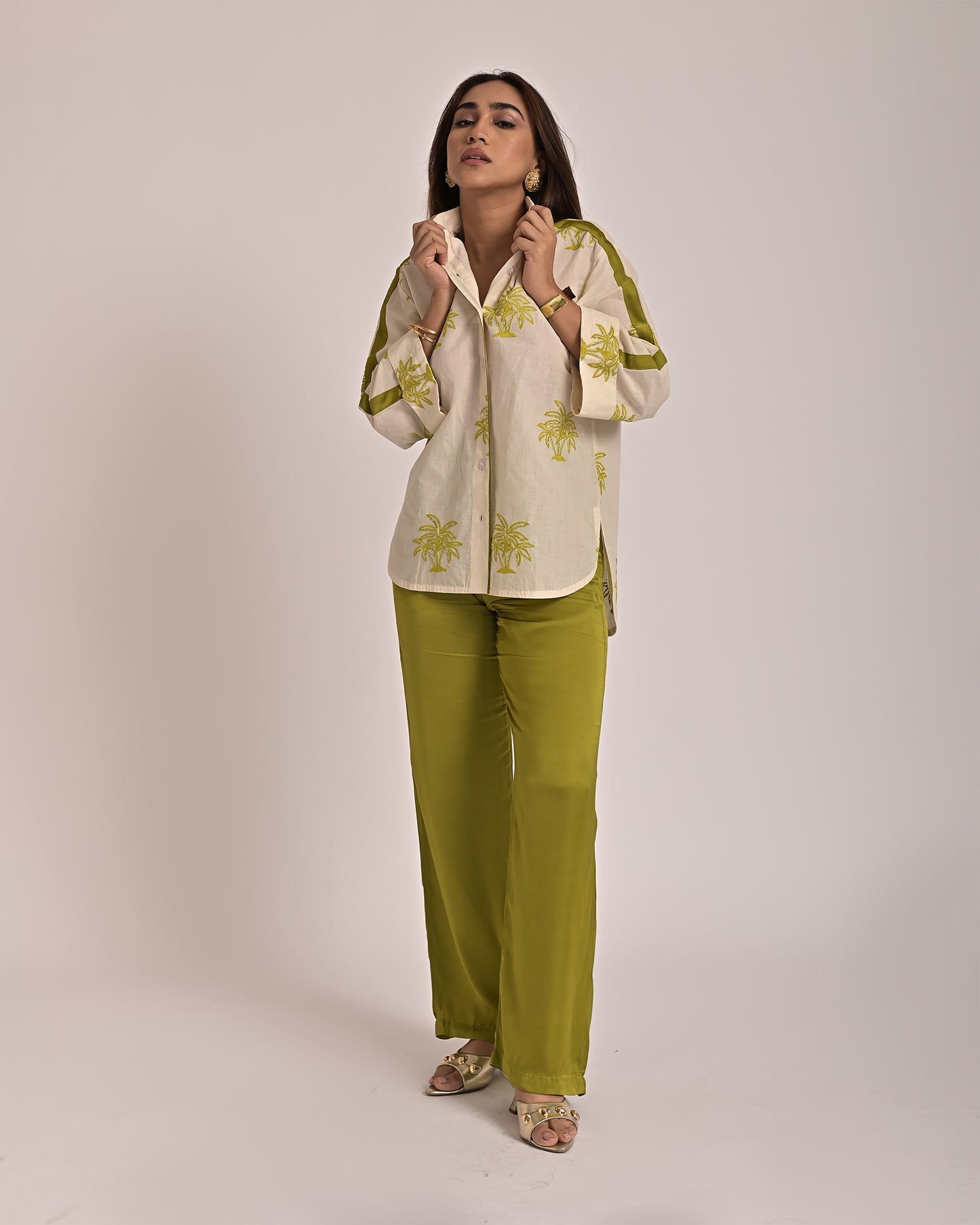 Palm Oversized Shirt - Green Embroidery