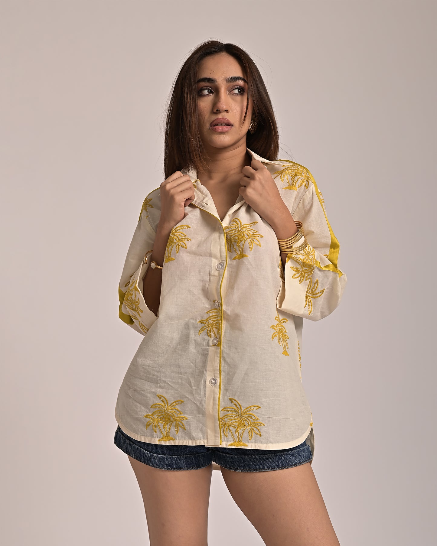 Palm Oversized Shirt - Yellow Embroidery