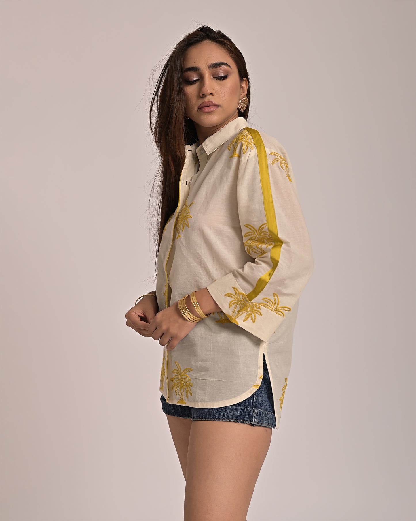 Palm Oversized Shirt - Yellow Embroidery