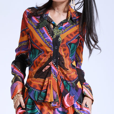 Ruched Shirt with Collar - Scarf Print